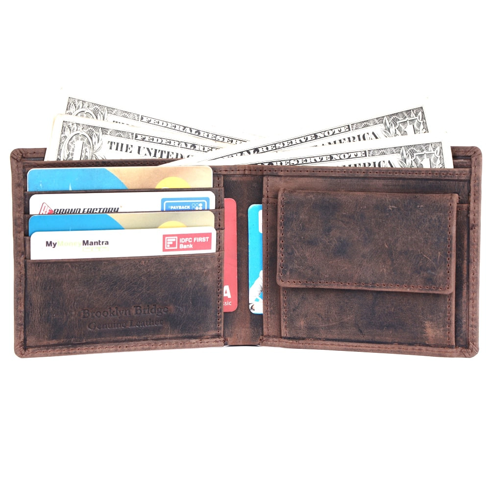 Brooklyn Bridge Crazy Horse Leather Wallet for Men – RFID Safe Vintage Bifold Wallet with Coin Pocket-BB-MW-786-CW-FG-CHL-YS-BROWN 1