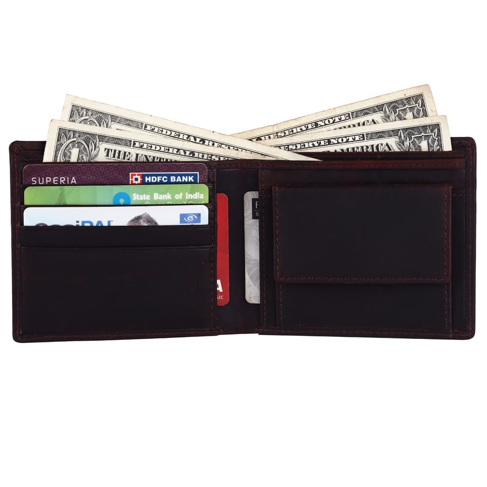 Genuine Leather Wallet for Men with Coin Pocket – Oil Pull Up Brown RFID Safe Bifold Wallet - Image 2